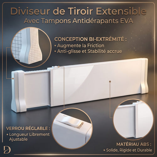 Séparateur de tiroir extensible blanc en ABS avec tampons antidérapants EVA et verrou réglable
