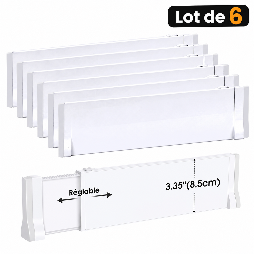 Séparateur de Tiroir Ajustable Antidérapant — Pack 1 à 8 Pièces