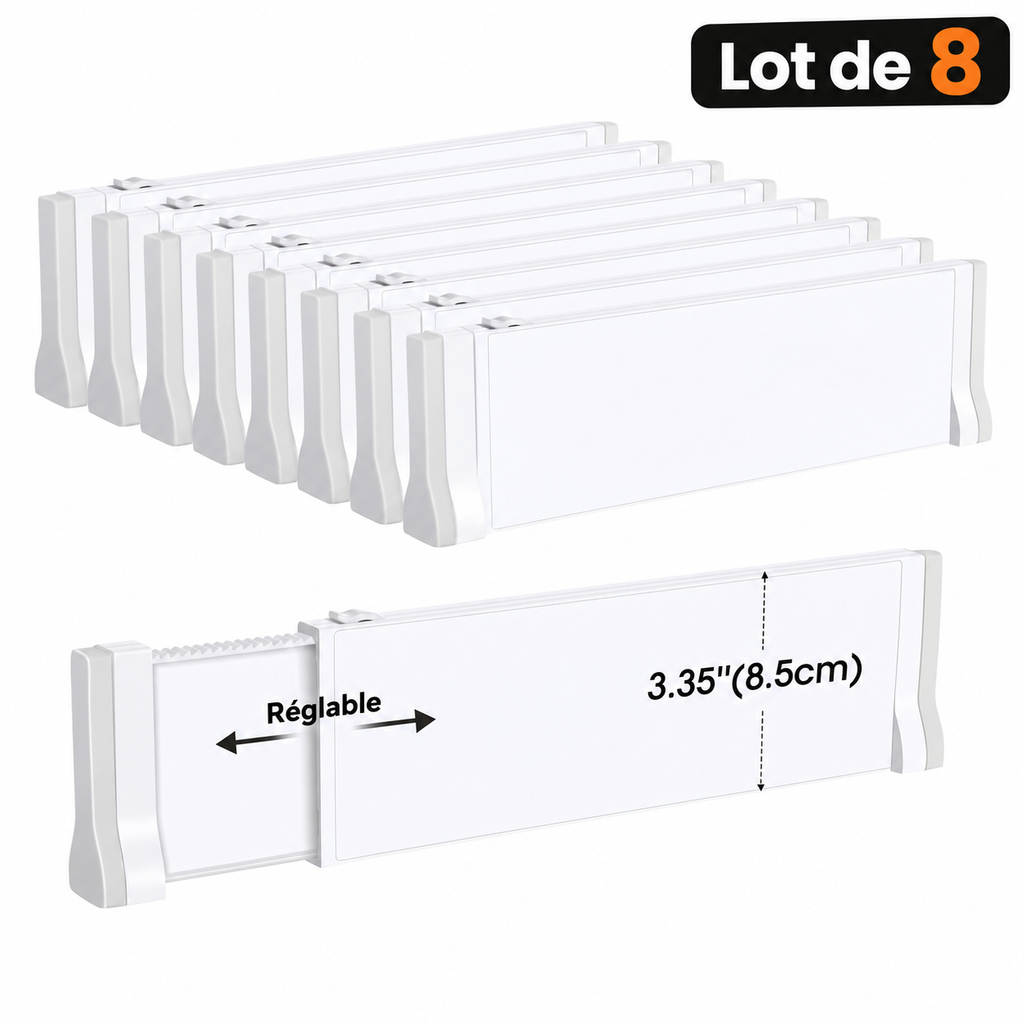 Séparateur de Tiroir Ajustable Antidérapant — Pack 1 à 8 Pièces